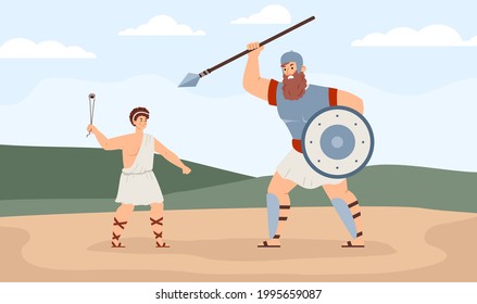 Banner or background with Biblical David fighting with giant Goliath, flat vector illustration. Bible Old Testament narrative of ancient king David feats.