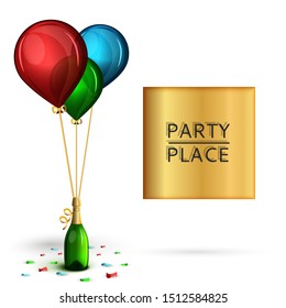 Banner background birthday celebration, wedding or grand opening, party invitation template. Realistic 3d inflatable helium inflated balloons tied bottle champagne sprinkled confetti, golden frame