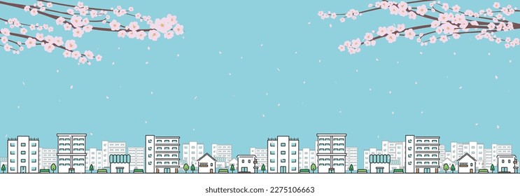 Banner background of a blue sky with dancing cherry petals and a cityscape of houses, apartments, stores, and buildings (blue)