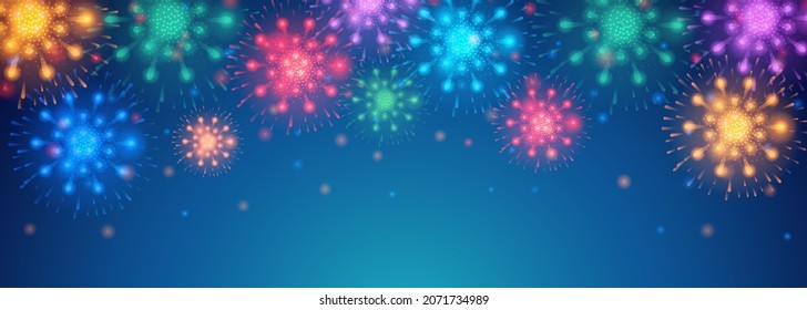 Banner or background with copyspace and fireworks bursting and exploding. Celebration and greetings with holiday, festivity and illumination by pyrotechnics and firecrackers. Vector illustration