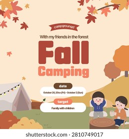 Banner in the background of couple characters enjoying autumn camping under maple trees