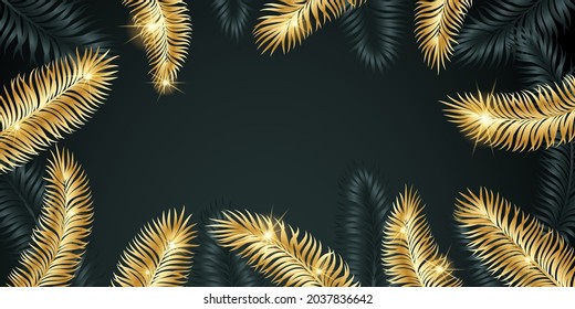 banner background of creative minimalist hand draw illustrations floral golden tropical palm leaves on black and blue background. for wall decoration, postcard or brochure cover design