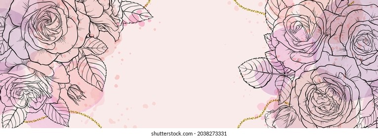 Banner-Hintergrund der kreativen minimalistischen handgezeichnet Illustration Blumenkontur Rose pastellfarbene Bütte, einfache Aquarellfärbung für die Wanddekoration, Postkarte, Broschüre-Cover-Design, Banner-Beauty-Web-Cite