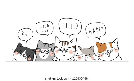 Banner background cute cats say hello .Doodle cartoon style.