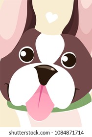 Banner, background, flyer, placard, in cartoon style with cute dog. Poster for scrapbooking. Vector card for greeting, decoration, congratulation. Puppy French Bulldog in flat style, close-up.