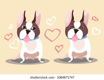 Banner, background, flyer, placard, in cartoon style with cute dogs. Poster for scrapbooking. Vector card for greeting, decoration, congratulation. Puppy French Bulldog in flat style.