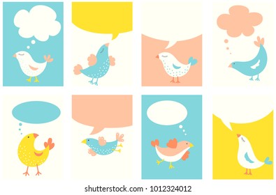 Banner, background, flyer, placard in hand drawn style with cute birds. Poster for scrapbooking. Vector template card for greeting, decoration, congratulation, invitation in retro pastel colors. EPS8