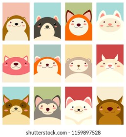 Banner, background, flyer, placard in hand drawn style with cute animals. Poster for scrapbooking. Vector template card for greeting, decoration, congratulation, invitation in retro pastel color. EPS8