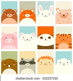 Banner, background, flyer, placard in hand drawn style with cute animals. Bear, fox, rabbit, dog, pig, cat, panda, tiger, beaver, raccoon, lion, polar bear. Vector template card in retro pastel colors