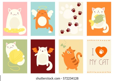 Banner, Hintergrund, Flyer, handgezeichnete Platine mit süßen Katzen. Urlaubsposter für Scrapbooking. Vektor-Template-Karte für Gruß, Dekoration, Gratulation, Einladung in Retro-Pastellfarben