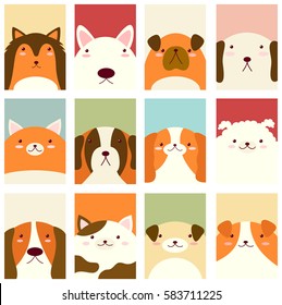 Pancarta, fondo, volante, pancarta dibujada a mano con perros lindos. Afiche de la reserva de recortes. Tarjeta de plantilla vectorial para saludos, decoración, felicitaciones, invitación en colores pastel retro