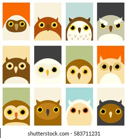 Banner, background, flyer, placard in hand drawn style with cute owls. Poster for scrapbooking. Vector template card for greeting, decoration, congratulation, invitation in retro pastel colors