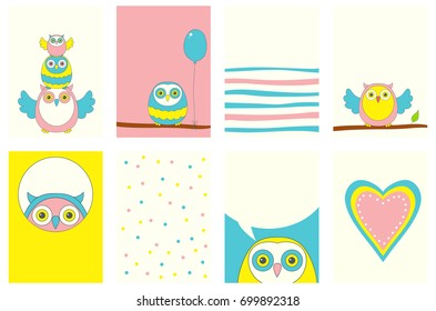 Banner, background, flyer, placard in hand drawn style with cute owls. Poster for scrapbooking. Vector template card for greeting, decoration, congratulation, invitation in retro pastel colors. EPS8