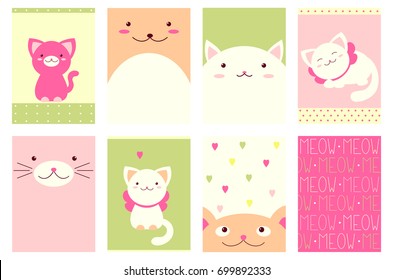Banner, background, flyer, placard in hand drawn style with cute cats. Holiday poster for scrapbooking. Vector template card for greeting, decoration, congratulation, invitation in sweet colors. EPS8