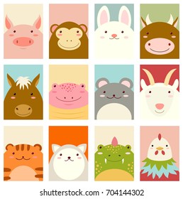 Banner, background, flyer, placard in hand drawn style with cute animals of chinese horoscope. Holiday poster for scrapbooking. Vector card for greeting, decoration, congratulation, invitation. EPS8