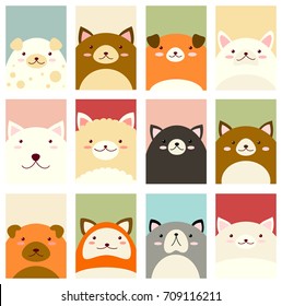 Banner, background, flyer, placard in hand drawn style with cute dogs. Poster for scrapbooking. Vector template card for greeting, decoration, congratulation, invitation in retro pastel colors. EPS8