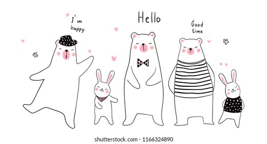 Banner background funny animal bear and rabbit.Doodle cartoon style.