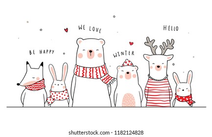 Banner background funny animal bear deer fox and rabbit.Doodle cartoon style.