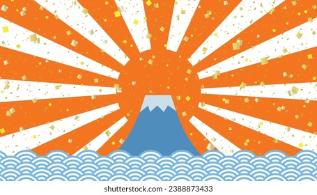 Banner background with gold leaf confetti scattered on Mt. Fuji, the 
orange first sunrise, and wave pattern, white background