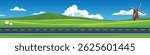Banner background of horizontal or landscape view of asphalt road. windmill house stands tall on a hillside in a wide. Background of mountain with white clouds and bright sky.