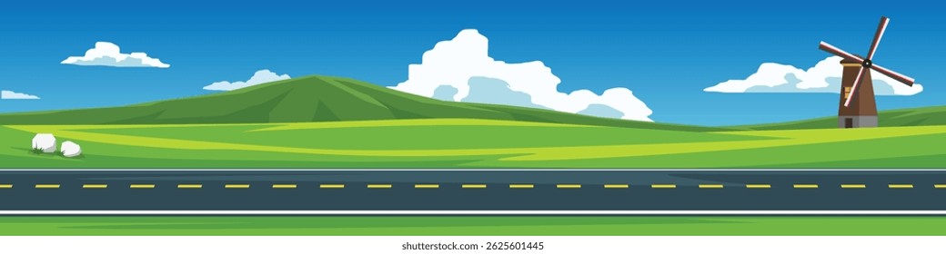 Banner background of horizontal or landscape view of asphalt road. windmill house stands tall on a hillside in a wide. Background of mountain with white clouds and bright sky.