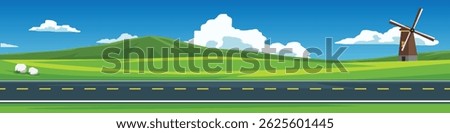 Banner background of horizontal or landscape view of asphalt road. windmill house stands tall on a hillside in a wide. Background of mountain with white clouds and bright sky.