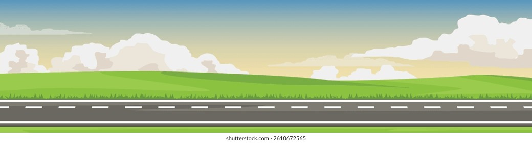 Banner background of  horizontal or lanscape view of asphalt road. Background is a flat grassland and hills with white clouds and a calm evening sky.