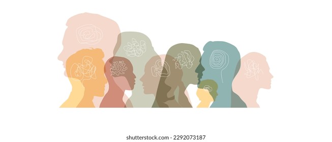 Banner background of human profile silhouette. Colorful up hands. Vector illustration