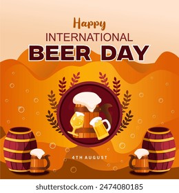 Banner or background for international beer day, with beer kegs and beer glasses and floral ornaments, vector illustration