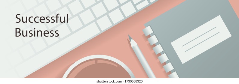 Fondo del cartel con teclado, café, portátil y lápiz en la superficie de la mesa. Vista desde arriba. Ilustración vectorial sobre negocios con lugar para texto.
