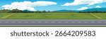Banner background of landscape view of a paved asphalt road. The background is a stepped walkway with green rice fields. A long green forest is behind under a blue sky.