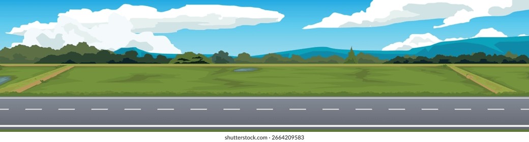 Banner background of landscape view of a paved asphalt road. The background is a stepped walkway with green rice fields. A long green forest is behind under a blue sky.