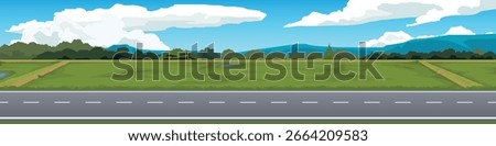 Banner background of landscape view of a paved asphalt road. The background is a stepped walkway with green rice fields. A long green forest is behind under a blue sky.