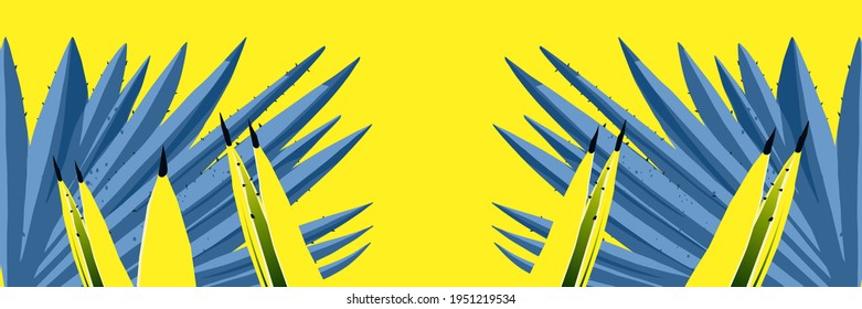 Banner, background with leaves of succulents in yellow and blue colors for design. Vector illustration with the ability to change colors and move objects.