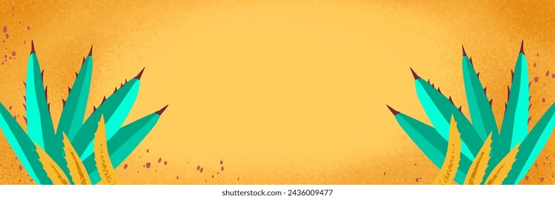 Banner, background with leaves of succulents in yellow and blue colors for design. Vector illustration with ability to change color and move objects.