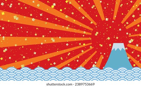 Banner background with Mt. Fuji, the first sunrise of the year, and gold leaf confetti in a wave pattern ,right-aligned