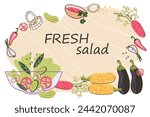 Banner background with organic vegetable salad in bowl. Salad bowls using fresh organic ingredients and vegetarian meals banner design, flat cartoon vector illustration isolated on white background.