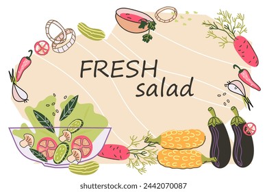 Banner background with organic vegetable salad in bowl. Salad bowls using fresh organic ingredients and vegetarian meals banner design, flat cartoon vector illustration isolated on white background.