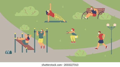 Antecedentes de carteles con gente corriendo y haciendo deportes al aire libre, dibujos animados planos de ilustración vectorial. Actividades deportivas al aire libre y ejercicio físico en el parque.