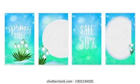 Banner background photo. Spring sale 50% blue green grid background and spring Lily of the valley flowers