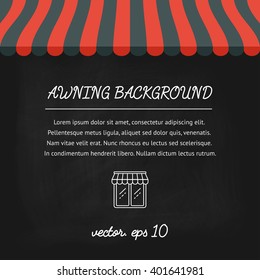 Banner, background, poster, concept with striped awnings for shop and marketplace on a chalkboard. Flat design. Vector illustration
