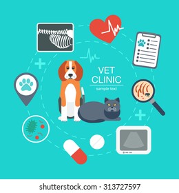 Banner, background, poster, concept with veterinary icons. Vet clinic. Flat design. Vector illustration