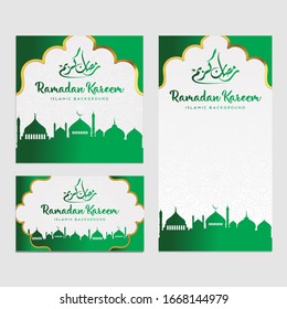 banner background, Ramadan Kareem set of posters or invitations design  green, Vector illustration.the meaning of the Arabic script is May be blessed with goodness in the month of Ramadan