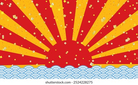 Banner background with  with red first sunrise and blue ocean waves with gold leaf on yellow background