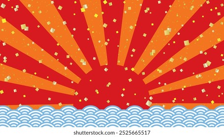 Fondo de Anuncio con el primer amanecer rojo y las olas azules del océano con la hoja de oro 