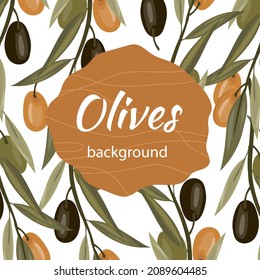 Banner background with ripe black and green olives with place for text. Emblem or badge design for olive oil and natural cosmetics, health care products, hand drawn flat vector illustration.