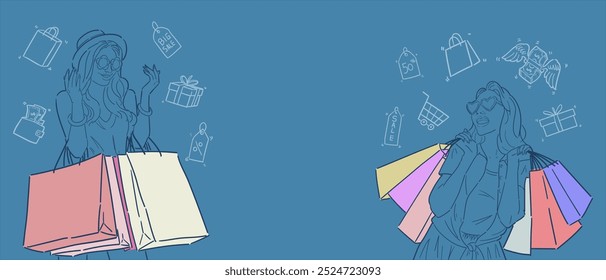 Banner background for sales promotion with illustration of a woman carrying a bag or shopping, for advertising, banners, leaflets and flyers. vector.