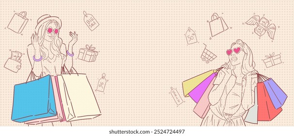 Banner background for sales promotion with line out illustration of a woman carrying a bag or shopping, for advertising, banners, leaflets and flyers. vector.