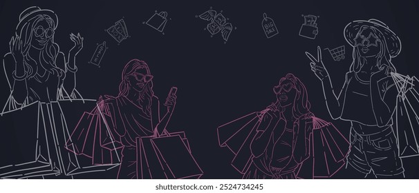 Banner background for sales promotion with line out illustration of a woman carrying a bag or shopping, for advertising, banners, leaflets and flyers. vector.