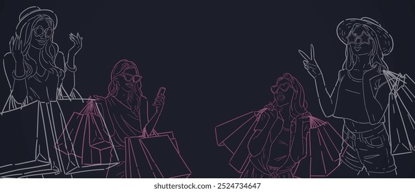 Banner background for sales promotion with line out illustration of a woman carrying a bag or shopping, for advertising, banners, leaflets and flyers. vector.